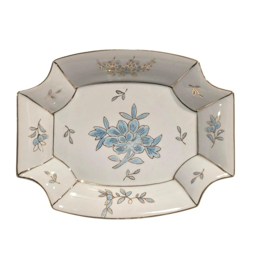 Vintage‎ LJ of Japan Porcelain Trinket Jewelry Tray Keepsakes Vanity Decor Blue